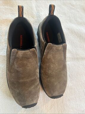 Merrell Men's Slip-On Suede Loafers in Taupe with Orange Pull Tabs